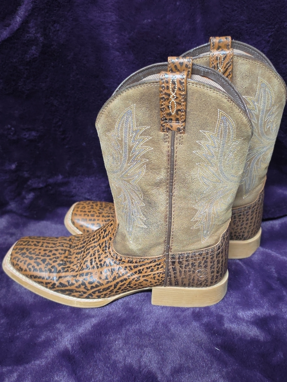 Ariat Brown Leopard-Print Leather & Tan Suede Western Booties Sz 5